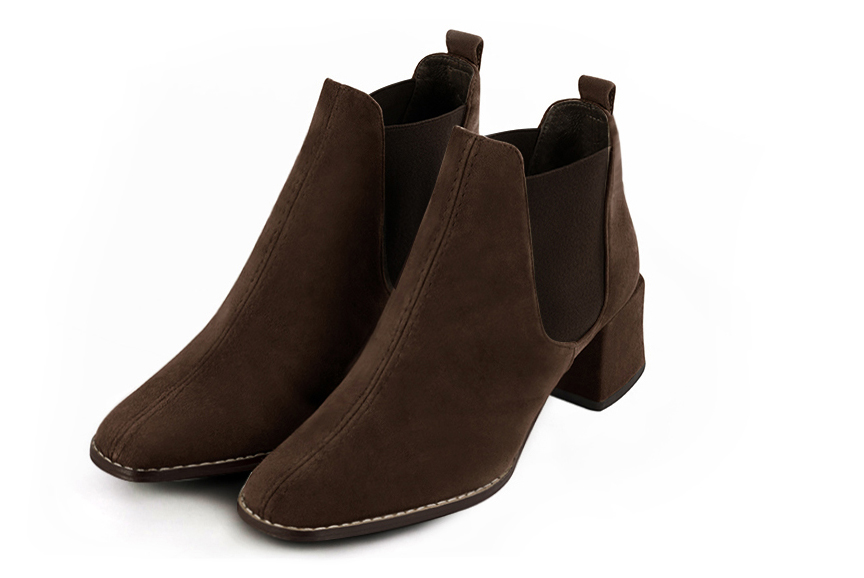 Dark brown women's ankle boots, with elastics. Square toe. Medium block heels. Front view - Florence KOOIJMAN